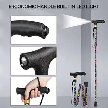 JUNRA Walking Folding Cane with LED Light for Women and Men, Portable Foldable Cane, Collapsible Aluminium Cane, Lightweight and Adjustable Walking Sticks for Seniors Balance