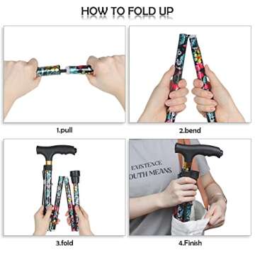 JUNRA Walking Folding Cane with LED Light for Women and Men, Portable Foldable Cane, Collapsible Aluminium Cane, Lightweight and Adjustable Walking Sticks for Seniors Balance