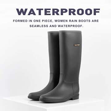 planone Tall rain Boots for Women and Waterproof Garden Shoes，Anti-Slipping Black Rainboots for La...