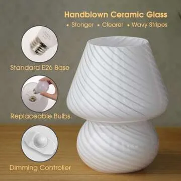 Briignite Mushroom Lamp Stepless Dimmable Nightlight for Bedroom, Glass Table Lamp Murano Mushroom Design, Replaceable 9W Warm Light Bulb Included, Perfect Desk Lamp for Home Decor in Living Room