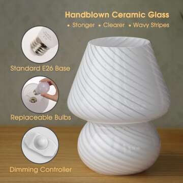 Briignite Mushroom Lamp Stepless Dimmable Nightlight for Bedroom, Glass Table Lamp Murano Mushroom Design, Replaceable 9W Warm Light Bulb Included, Perfect Desk Lamp for Home Decor in Living Room