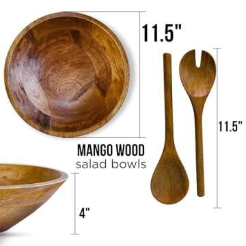 Fairwood Way Large Wooden Salad Bowl Set - 12 Inch Salad Bowl with Serving Utensils