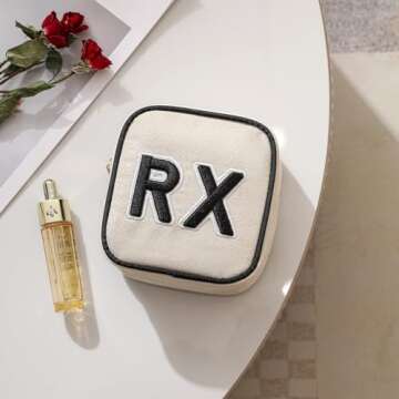 uekeboag Personalized Small Canvas Medicine Cosmetic Bag, Cute Plaid Pattern Chenille Letter Patch RX Drug Pouch with Zipper, Makeup Travel Gift Bag for Women and Girls (11Beige Canvas)