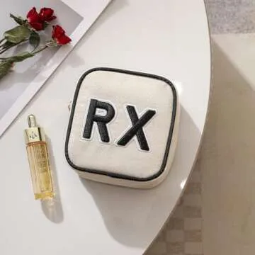 uekeboag Personalized Small Canvas Medicine Cosmetic Bag, Cute Plaid Pattern Chenille Letter Patch RX Drug Pouch with Zipper, Makeup Travel Gift Bag for Women and Girls (11Beige Canvas)