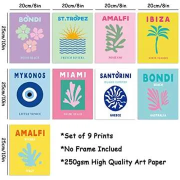Whaline 9Pcs Preppy Travel Wall Art Prints Preppy Room Decor Abstract Aesthetic Preppy Room Decor Co...