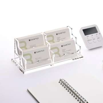 SANRUI Acrylic Business Card Holder for Desk, Horizontal Clear Name Card Display Stand Desktop Display Stand for Business Cards, Business Card Organizer, Perfect for Offices & Professionals 4 Slots