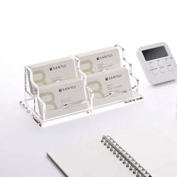 SANRUI Acrylic Business Card Holder for Desk, Horizontal Clear Name Card Display Stand Desktop Display Stand for Business Cards, Business Card Organizer, Perfect for Offices & Professionals 4 Slots