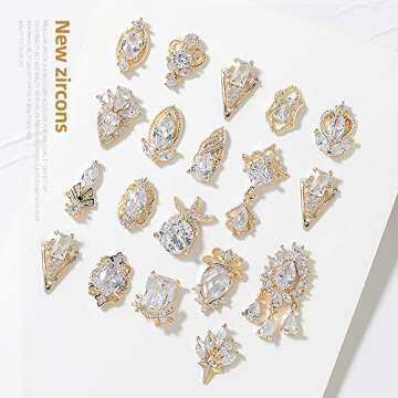 HNUIX Nail Charms and Gems - Gold Copper Zircon, Multiple Shapes 3D Dangle, Metal Jewelry Rhinestones for Nails 17 Pieces