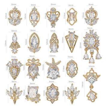 HNUIX Nail Charms and Gems - Gold Copper Zircon, Multiple Shapes 3D Dangle, Metal Jewelry Rhinestones for Nails 17 Pieces