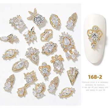 HNUIX Nail Charms and Gems - Gold Copper Zircon, Multiple Shapes 3D Dangle, Metal Jewelry Rhinestones for Nails 17 Pieces