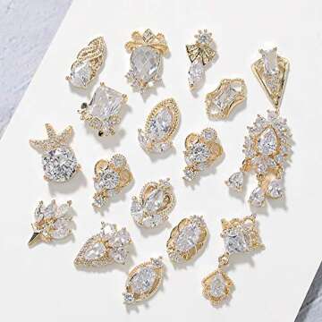 HNUIX Nail Charms and Gems - Gold Copper Zircon, Multiple Shapes 3D Dangle, Metal Jewelry Rhinestones for Nails 17 Pieces