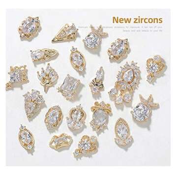 HNUIX Nail Charms and Gems - Gold Copper Zircon, Multiple Shapes 3D Dangle, Metal Jewelry Rhinestones for Nails 17 Pieces