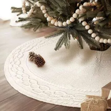 NIBESSER Knit Tree Skirt White 48" Christmas Tree Skirt Ivory Knitted Tree Skirt Mat for Christmas Decorations Yarn Thick Rustic Cable Knit Tree Skirt for Home Party Holiday Ornaments