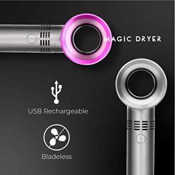 Lyon Lash Portable USB Rechargeable Bladeless Mini Fan/Air Conditioning Blower/Handheld Cooling Dryer, Essential Eyelash Extension Supplies, Dries Glue/Adhesive Rapidly (Nickel/Fuchsia Pink)