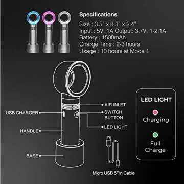 Lyon Lash Portable USB Rechargeable Bladeless Mini Fan/Air Conditioning Blower/Handheld Cooling Dryer, Essential Eyelash Extension Supplies, Dries Glue/Adhesive Rapidly (Nickel/Fuchsia Pink)