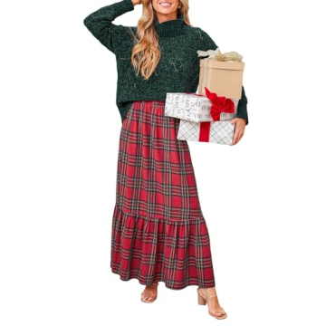 CUPSHE Women Skirts Plaid Ruffled Maxi Skirt Holiday High-Rise Waist Long Skirt,XL Red