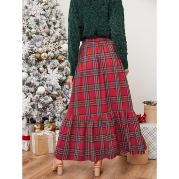 CUPSHE Women Skirts Plaid Ruffled Maxi Skirt Holiday High-Rise Waist Long Skirt,XL Red