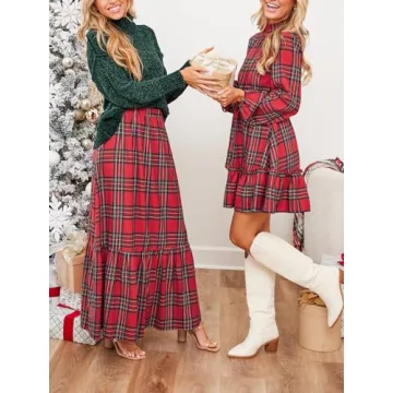 CUPSHE Women Skirts Plaid Ruffled Maxi Skirt Holiday High-Rise Waist Long Skirt,XL Red