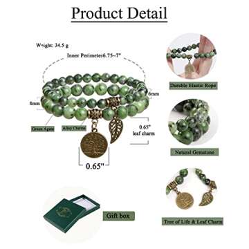 Bivei Green Agate Beaded Bracelets Heart Chakra Crystal Life Tree and Leaf Charm Bracelet Natural Semi-Precious Gemstone Stretch Bracelets Set for Women Anxiety Relief