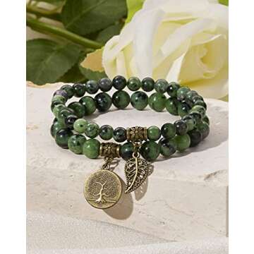 Bivei Green Agate Beaded Bracelets Heart Chakra Crystal Life Tree and Leaf Charm Bracelet Natural Semi-Precious Gemstone Stretch Bracelets Set for Women Anxiety Relief
