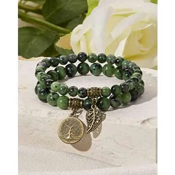 Bivei Green Agate Beaded Bracelets Heart Chakra Crystal Life Tree and Leaf Charm Bracelet Natural Semi-Precious Gemstone Stretch Bracelets Set for Women Anxiety Relief