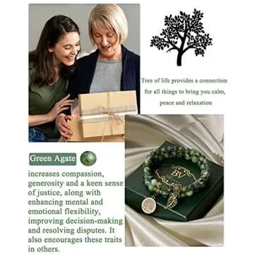 Bivei Green Agate Beaded Bracelets Heart Chakra Crystal Life Tree and Leaf Charm Bracelet Natural Semi-Precious Gemstone Stretch Bracelets Set for Women Anxiety Relief