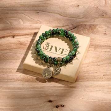 Bivei Green Agate Beaded Bracelets Heart Chakra Crystal Life Tree and Leaf Charm Bracelet Natural Semi-Precious Gemstone Stretch Bracelets Set for Women Anxiety Relief