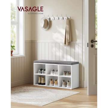 VASAGLE Shoe Bench with Cushion, Shoe Storage Bench with 6 Compartments and 3 Adjustable Shelves, En...