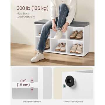 VASAGLE Shoe Bench with Cushion, Shoe Storage Bench with 6 Compartments and 3 Adjustable Shelves, Entryway Bench with Padded Seat, for Bedroom, Closet, Living Room, White ULHS23WT