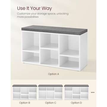 VASAGLE Shoe Bench with Cushion, Shoe Storage Bench with 6 Compartments and 3 Adjustable Shelves, Entryway Bench with Padded Seat, for Bedroom, Closet, Living Room, White ULHS23WT