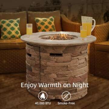 SUNBURY Outdoor Fire Pit Propane Round Fire Pit Table Fire Column, Stonecrest 40,000 BTU Gas Fire Pi...