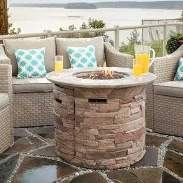 SUNBURY Outdoor Fire Pit Propane Round Fire Pit Table Fire Column, Stonecrest 40,000 BTU Gas Fire Pit for Outside w Lava Rocks, Waterproof Cover