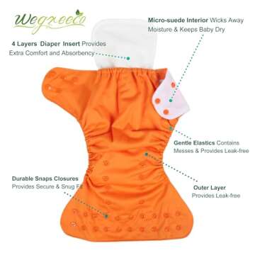wegreeco Cloth Diapers 6 Pack with 6 Inserts & 1 Wet Bag, Washable Cloth Diapers for Babies, One Siz...