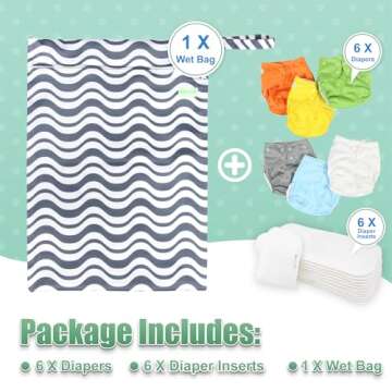 wegreeco Cloth Diapers 6 Pack with 6 Inserts & 1 Wet Bag, Washable Cloth Diapers for Babies, One Size Adjustable Reusable Diapers Baby (Vibrant)