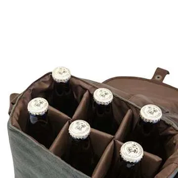 PICNIC TIME Beer Caddy with Beer Bottle Opener, 6-Pack Drink Caddy, Beer Cooler Tote, Beer Gifts for Men, (Khaki Green with Brown Accents).