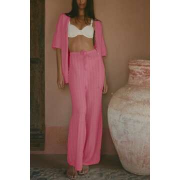 Imily Bela Women's Summer 2 Piece Swimsuit Cover up Crochet Knit Cardigan Tops Long Pants Set Bathin...