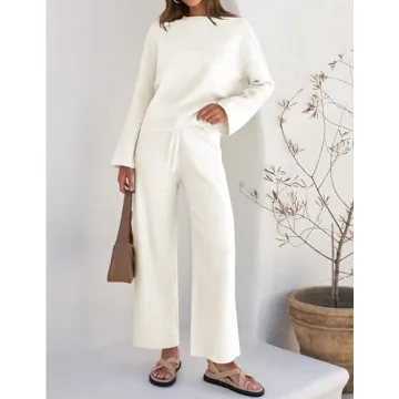 ZESICA Women's 2 Piece Outfits Set Casual Long Sleeve Knit Pullover Top and Wide Leg Pants Sweatsuit Lounge Sets,Cream,Medium