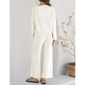 ZESICA Women's 2 Piece Outfits Set Casual Long Sleeve Knit Pullover Top and Wide Leg Pants Sweatsuit Lounge Sets,Cream,Medium