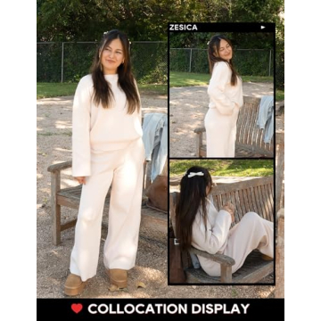 ZESICA Women's 2 Piece Outfits Set Casual Long Sleeve Knit Pullover Top and Wide Leg Pants Sweatsuit Lounge Sets,Cream,Medium
