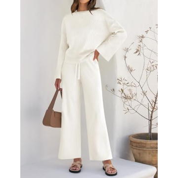 ZESICA Women's 2 Piece Outfits Set Casual Long Sleeve Knit Pullover Top and Wide Leg Pants Sweatsuit Lounge Sets,Cream,Medium