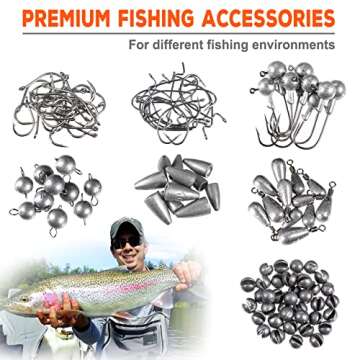 PLUSINNO 264pcs Fishing Accessories Kit, Organized Tackle Box with Tackle Included, Fishing Weights Sinkers, Jig Hooks, Swivels, Beads Combined into 10 Rigs, Fishing Gear Set for Bass Trout