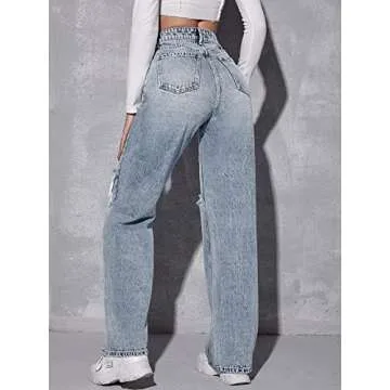 SweatyRocks Women's High Waist Ripped Straight Leg Jeans Boyfriend Style Distressed Denim Pants with...