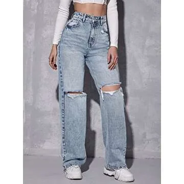 SweatyRocks Women's High Waist Ripped Straight Leg Jeans Boyfriend Style Distressed Denim Pants with Pocket Multicolor S