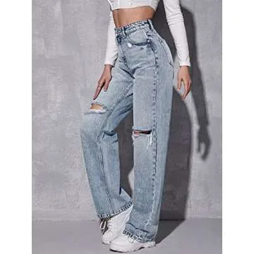 SweatyRocks Women's High Waist Ripped Straight Leg Jeans Boyfriend Style Distressed Denim Pants with Pocket Multicolor S