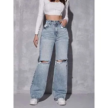 SweatyRocks Women's High Waist Ripped Straight Leg Jeans Boyfriend Style Distressed Denim Pants with Pocket Multicolor S
