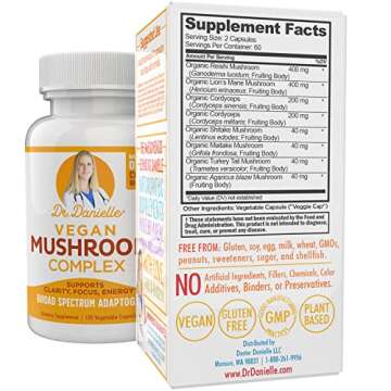 Best Organic Mushroom Complex - Immune Assist Support - Lion's Mane, Cordyceps and Reishi - Adaptogen Supplement - Wellness, Stress Relief, Memory & Cognitive Support, Dr. Danielle - 120 Veggie Caps