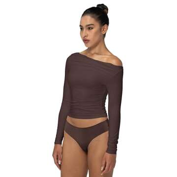 Sunzel Long Sleeve Shirts for Women, Womens Off The Shoulder Tops,Slim Fit Double Lined Top with Boat Neck, Seal Brown, Large