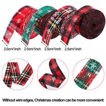 4 Rolls Christmas Plaid Ribbon Snowflake Plaid Burlap Ribbon Christmas Wrapping Ribbon for Christmas...