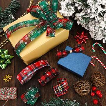 4 Rolls Christmas Plaid Ribbon Snowflake Plaid Burlap Ribbon Christmas Wrapping Ribbon for Christmas Tree Home Wrapping Craft Decoration, 24 Yards (1 Inch)
