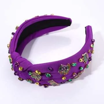 NVENF Mardi Gras Headband Carnival Accessories for Women Crown Mask Headbands Green Purple Gold Rhinestone Pearl Jeweled Knotted Headband Fat Tuesday Parade Party Favors Gifts (MIXED 1 - Purple)